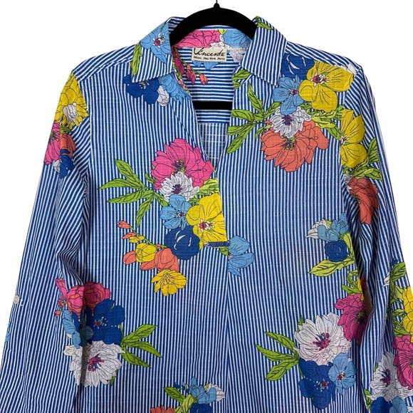 Vincente Striped Floral Career Professional Blue White Lightweight Blouse Top - Picture 2 of 5